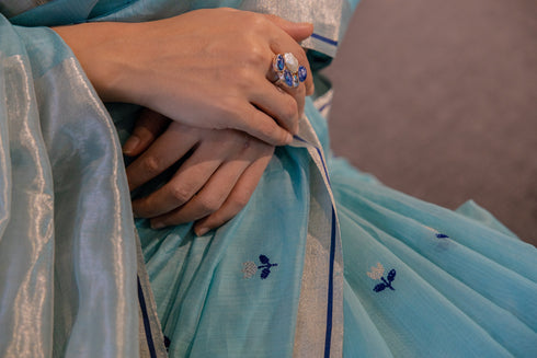 Handwoven Cotton Silk Blue Tulip Saree